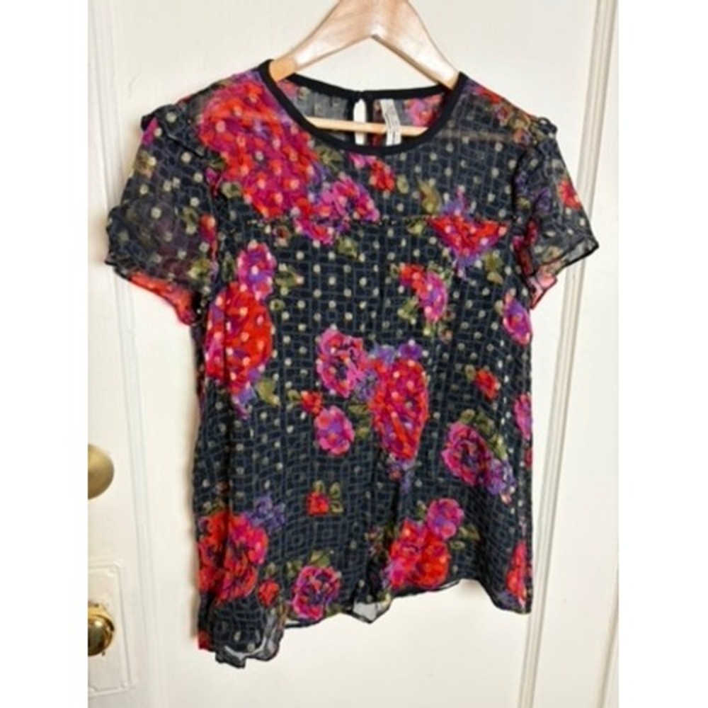 Anthropologie Floral Sheer Blouse Pink Red Rose Gold Foil Dot Beaded Top Size 8
